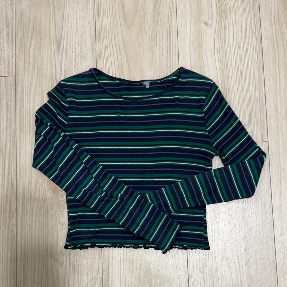 Pacsun Striped Long Sleeve Top - Green and Blue - with Ribbed Edges